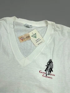 Vintage GUESS Marciano Mens White Cowboy V Neck T-Shirt XL Single Stitch NOS - Picture 1 of 9