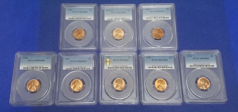 8 Coin Lot- 1949-1953 P/D/S Lincoln Wheat Peny Cent- PCGS Graded MS64 & MS65 RD Cover