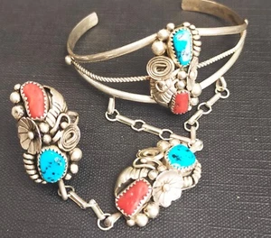 Hecho a mano Nativo Americano Navajo Turquesa Coral Esclavo Brazalete y Anillo Unido Talla M - Imagen 1 de 6