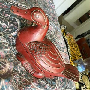 Vintage Chinese Lacquered Red Hand Carved Wooden Duck Trinket Box Folk Art Rare - Picture 1 of 16