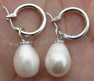 10x12mm Genuine Natural South Sea White Pearl Dangle Earrings 14k white gold - Picture 1 of 6