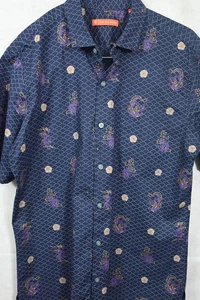 PRECIOSA $120 Camisa de Campamento Hawaiana de Algodón Tori Richard Azul Con Dragones Púrpura M - Imagen 1 de 4