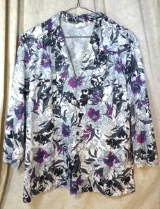 Women's Top Haband For Her Black White & Purple Floral Shirt Size L VINTAGE 70s - Picture 1 of 3