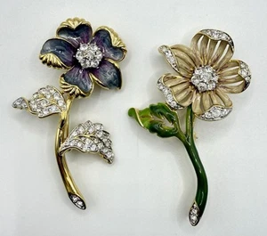 Vtg Nolan Miller Lot Of 2 Flower Brooches Enamel Rhinestones Glamour Collection - Picture 1 of 8
