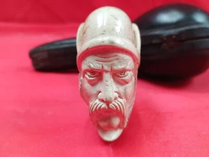 Vintage Meerschaumpfeife Osmanischer Krieger geschnitzter Kopf Bernstein Stiel mit Etui - Bild 1 von 11