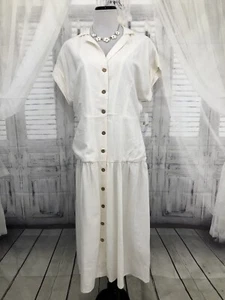 London Times Size 12 Solid White Linen Button Down Shirt Dress Midi Modest B18 - Picture 1 of 12