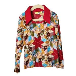HAPPINESS IS x VINTAGE 70s pointed collar patchwork print long sleeve top kids 8 - Picture 1 of 6