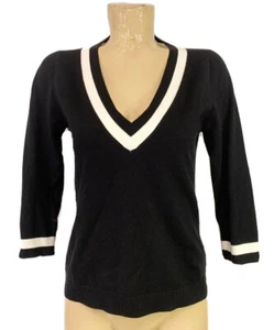 L'Agence Black White Shirt M Medium 18" 3/4 Sleeve Knit V Neck Blouse Top - Picture 1 of 5