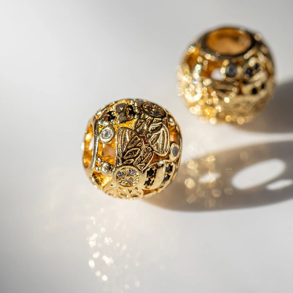 Charm Schmuck Perle f. Pan-Armband 925 Sterling Silber in Gold eloxiert & Zirkon - Bild 1 von 4