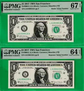$1 Federal Reserve Two Notes RADAR & REPEATER Serial 6159-9516 & 6159-6159 PMG - Picture 1 of 2