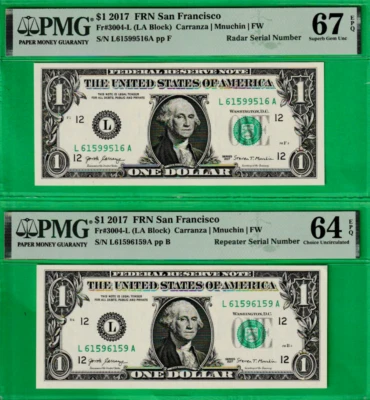 $1  Federal Reserve Two Notes  RADAR & REPEATER Serial 6159-9516 & 6159-6159 PMG - Image 1 of 2