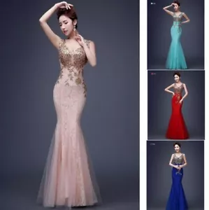 Women Long Bridesmaid Formal Evening Cocktail Prom Party Gown Lace Mermaid Dress - Picture 1 of 17