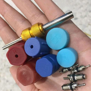 1 Set R134a Car Air Conditioning Valve Core A/C System Caps W/ Remover Tool Kits - Picture 1 of 12