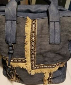 Denim and Suede Blue Handbag Purse w/Fringe and Beaded Detail