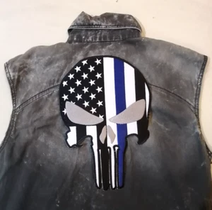 Large Skull Punisher Flag USA Line blue symbol Embroidered Iron-On Sew patch - Picture 1 of 5