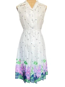 Vintage 60s 70s Dress Polka Dot Floral Sleeveless Wing Collar Hand Made Fit 8 - Picture 1 of 13