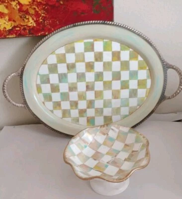 Painted Silver Plated Tray 20x13" Handles Ceramic Candy Dish 7 1/2 X 4" Checks - Image 1 of 4