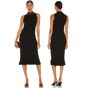Theory Flared Rib Knit Midi Dress Sleeveless Ruffle Hem Mock Neck Black Size L - Picture 1 of 15