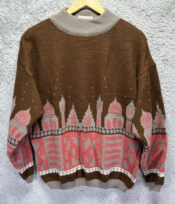 Fair Isle Nordic Mock Neck Sweater Wool Blend Italy Brown Pink Oversized Large - Image 1 of 4