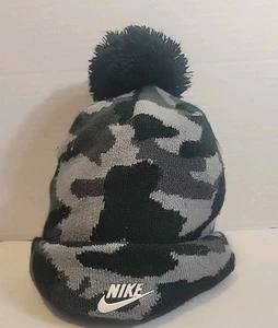 Nike Camo Beanie Hat. Youth.  Black Gray. Black Pompom - Picture 1 of 5