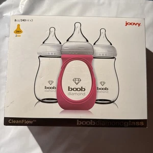 3 NEW Joovy CleanFlow Boob Diamond Glass Baby Bottles 8oz With Pink Sleeve 2179 - Picture 1 of 7