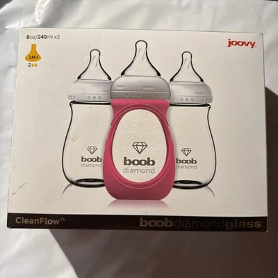 3 NUEVOS biberones Joovy CleanFlow Boob de vidrio diamante 8 oz con manga rosa 2179 Foto 1 de 4
