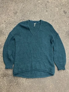 Free People All Mine Teal Blue V-Neck Slouchy Baggy Alpaca Blend Sweater Small - Picture 1 of 6