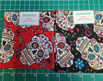 Sugar Skull Set/2 Fat Quarter Fabric Halloween 18x21 Day Dead Red Black Craft - Image 1 of 4