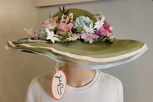 NWT Jack McConnell Vtg Green Hat With Artificial Flowers Ribbon And Mesh Netting - Picture 1 of 14
