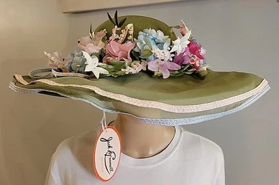 NWT Jack McConnell Vtg Green Hat With Artificial Flowers Ribbon And Mesh Netting - Image 1 of 4
