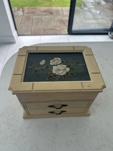 Wooden Jewelry Box with Flowered Glass Top And 2 Drawers - Picture 1 of 7