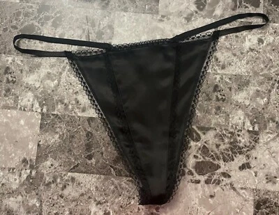 NUEVO CON ETIQUETAS BRAGAS VICTORIA'S SECRET L NEGRAS 100% SEDA ENCAJE RIBETE VINTAGE RARAS CUERDA EN V Foto 1 de 4