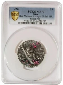 2021 2 Oz Silver $5 Niue Heroines HUA MULAN PCGS MS70 Gold Shield Coin. - Picture 1 of 10