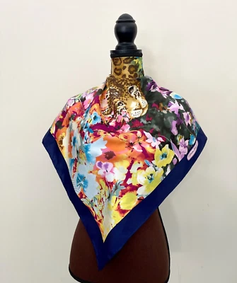 New Salvatore Ferragamo Scarf Animal Leopard in Garden Blue Floral Leo Silk Wrap - Image 1 of 4