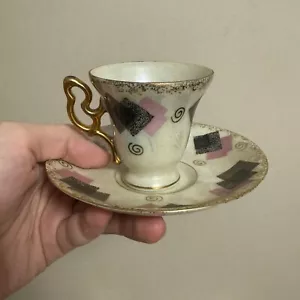 Tazza da tè e piatto geometrico vintage anni 50 metà secolo MCM rosa nero bordo oro Giappone - Foto 1 di 10