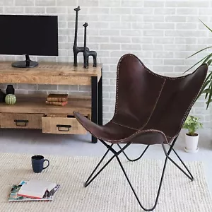 Handmade Genuine Leather Butterfly Chair Iron Frame Lounge Chair Full Folding - Picture 1 of 14