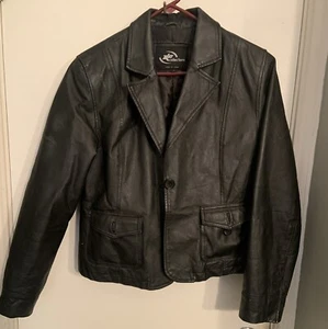 KC Collections Womens Black Long Sleeve Biker Jacket Size Large Button On Front - Picture 1 of 11