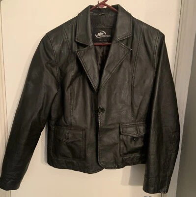 KC Collections Womens Black Long Sleeve Biker Jacket Size Large Button On Front - Image 1 of 4