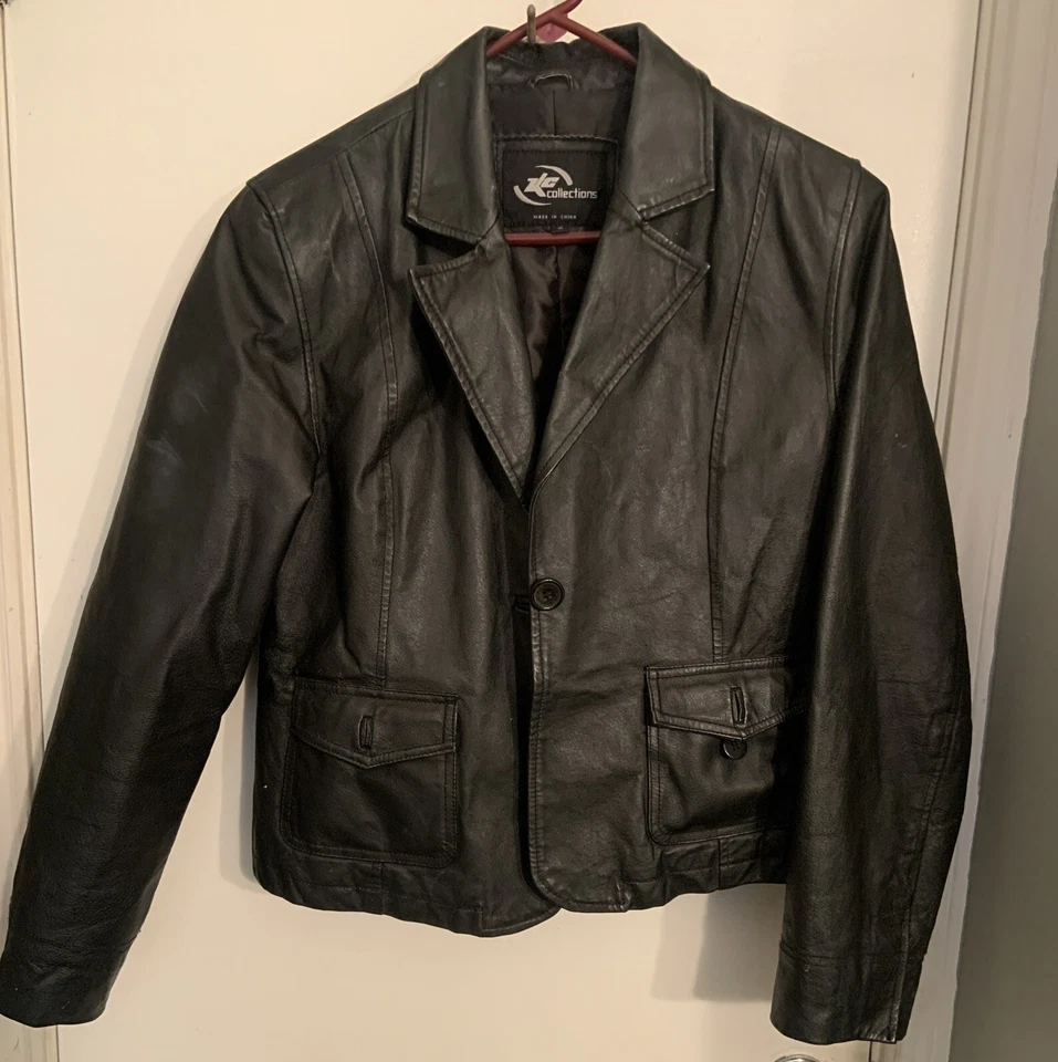 KC Collections Womens Black Long Sleeve Biker Jacket Size Large Button On Front - Image 1 of 4