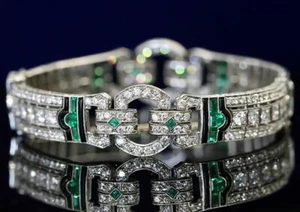 Beautiful 1940 Circa Art Deco Style With Clear CZ, Green Emerald & Onyx Bracelet