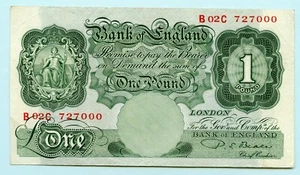 1950 Bank of England One pound £1, Banknote Beale Prefix B 02 C - Picture 1 of 2
