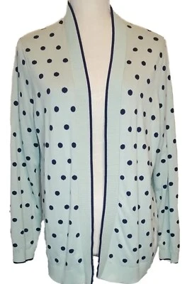 Lands End Cardigan L Green with Navy Polka Dot Womens Large Sweater 100% Cotton - Image 1 of 4