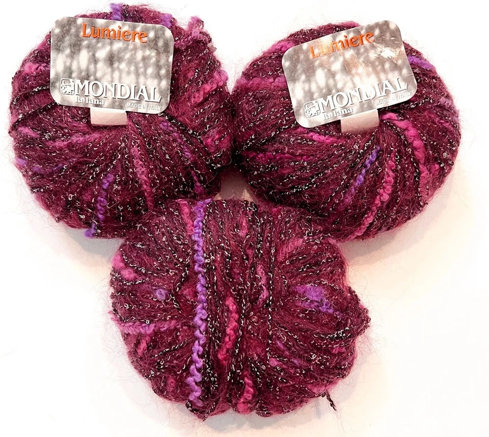3 Balls Mondial La Lana Italy Yarn ~ Lumiere Burgundy/Pink/Purple ~ Wool Mohair - Image 1 of 1