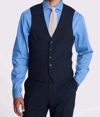 French Connection Men's Slim Fit Blue Mini Check Waistcoat Size UK 46 RRP £110 - Image 1 of 4
