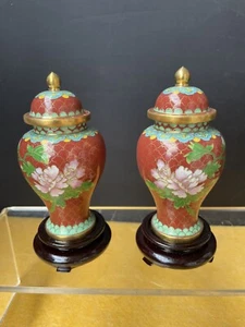 Pair Vintage Chinese Cloisonne Jars  Pink Floral Motif Cloisonne 4” Ginger Jar.￼ - Picture 1 of 10