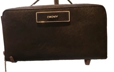 DKNY Saffiano Leather Zip Around Wallet Blk. Interior Coin Compartment 8 CC Slot - Image 1 of 4