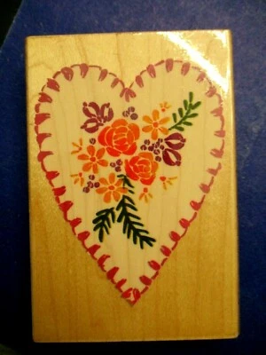 STAMPENDOUS SILK RIBBON HEART RUBBER STAMP WOOD MTD XL - Image 1 of 4