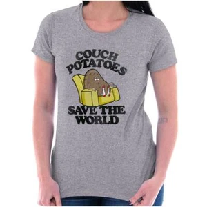 Funny Couch Potatoes Save The World Joke Womens Top Junior Graphic Tee - Picture 1 of 8