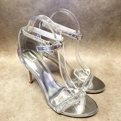 Forever 21 Mujer Talla 8 Plateado Puntera Abierta Tobillo Correa 4" Tacones Foto 1 de 4