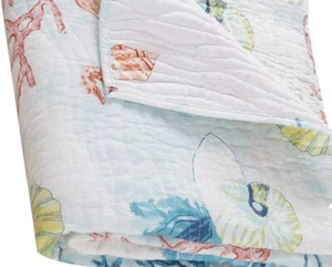SARASOTA BLUE SEA SHELL 2pc Twin QUILT SET : COASTAL BEACH OCEAN SEAHORSE - Picture 1 of 5